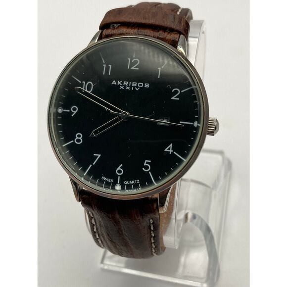Men's Akribos XXIV Swiss Quartz Watch Date/ Time Adjustable Leather Band - Picture 5 of 11
